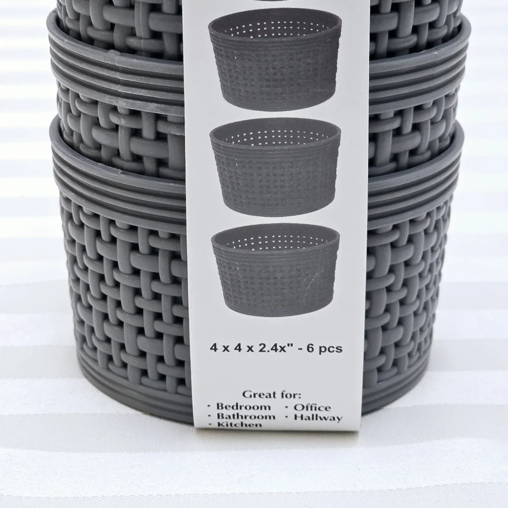 New 6pc Farberware Small Storage Bins Set Weave Gray Round Desktop Containers